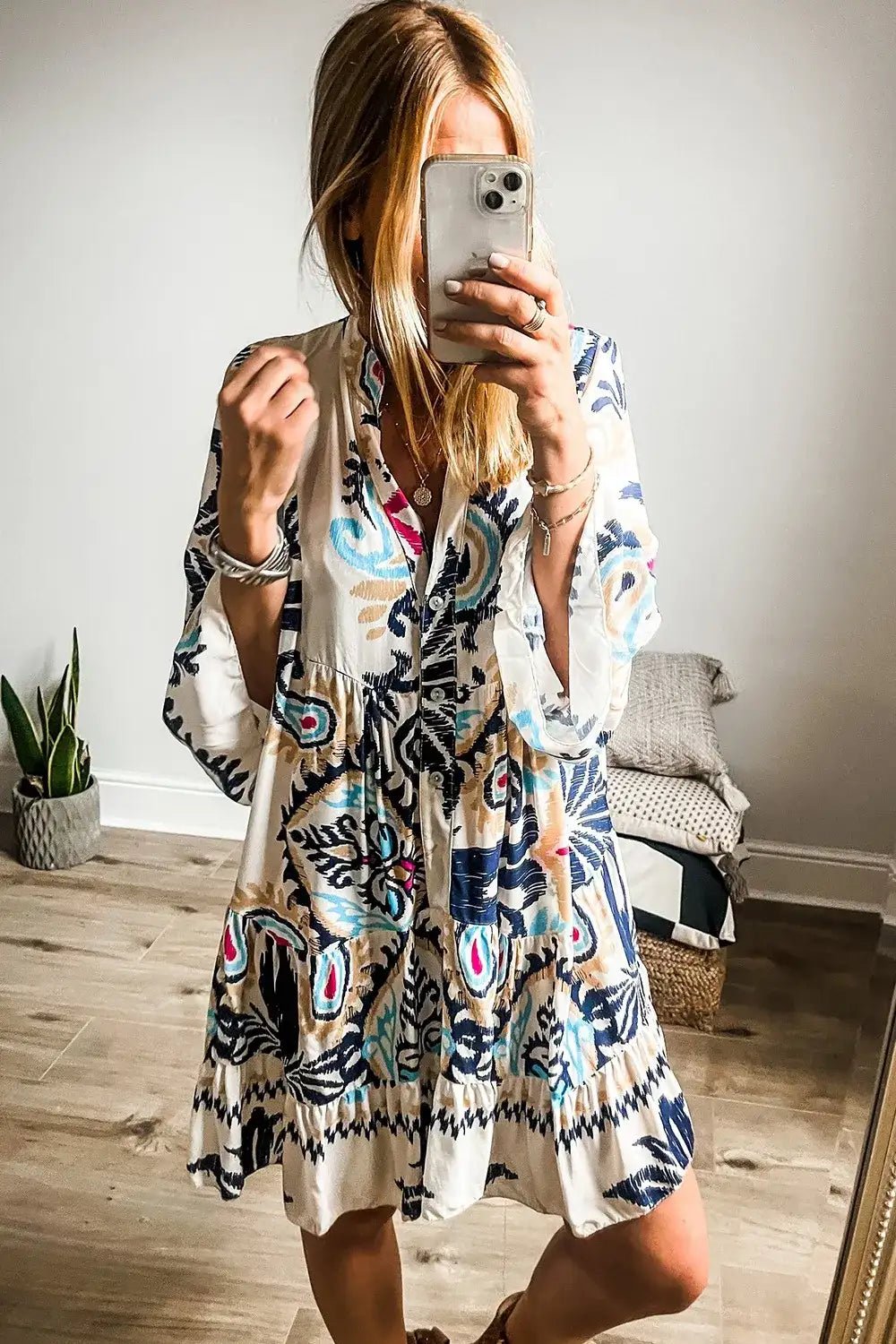 Printed Notched Three - Quarter Sleeve Mini Dress - Bela Fils BoutiqueBela Fils Boutique